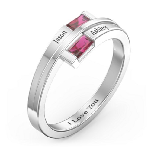 Double Baguette Bypass Ring – Sterling Silver with Ruby