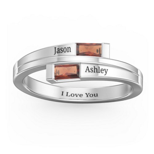 Double Baguette Bypass Ring – Sterling Silver with Garnet