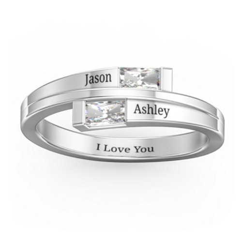 Double Baguette Bypass Ring – Sterling Silver with Diamond