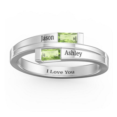 Double Baguette Bypass Ring – Sterling Silver with Peridot