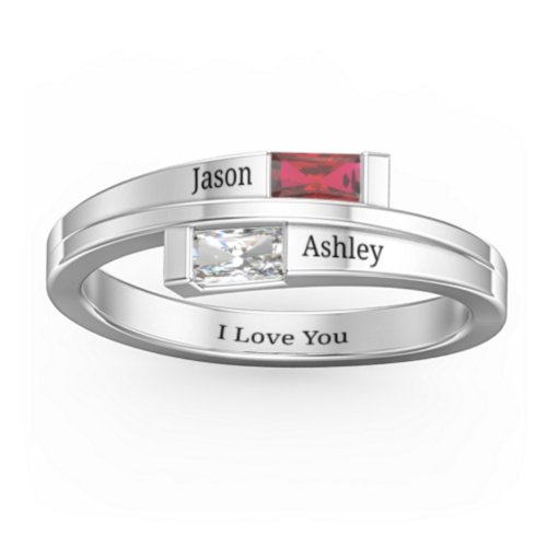 Double Baguette Bypass Ring – Sterling Silver with Garnet and Cubic Zirconia