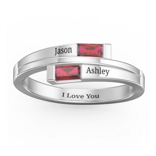 Double Baguette Bypass Ring – Sterling Silver with Garnet