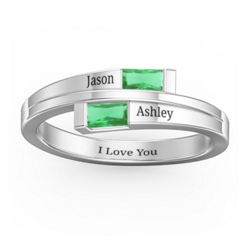 Double Baguette Bypass Ring – Sterling Silver with Emerald