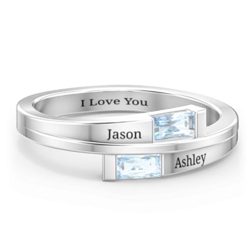 Double Baguette Bypass Ring – Sterling Silver with Aquamarine