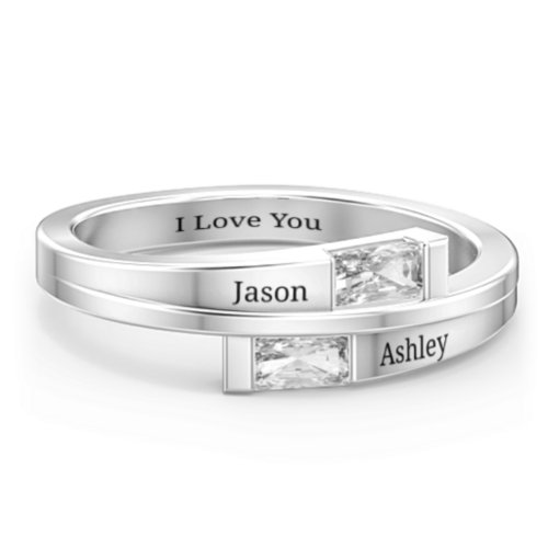 Double Baguette Bypass Ring – Sterling Silver with Diamond