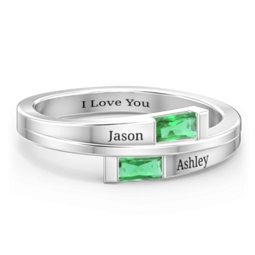 Double Baguette Bypass Ring – Sterling Silver with Emerald
