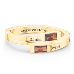 Double Baguette Bypass Ring in 10K Solid Yellow Gold with Garnet
