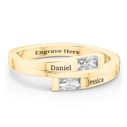 Double Baguette Bypass Ring in 10K Solid Yellow Gold with Cubic Zirconia