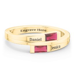 Double Baguette Bypass Ring in 10K Solid Yellow Gold with Ruby