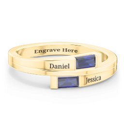 Double Baguette Bypass Ring in 10K Solid Yellow Gold with Blue Sapphire