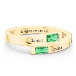 Double Baguette Bypass Ring in 10K Solid Yellow Gold with Emerald