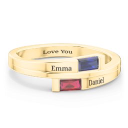 Double Baguette Bypass Ring in 10K Solid Yellow Gold with Blue Sapphire and Garnet