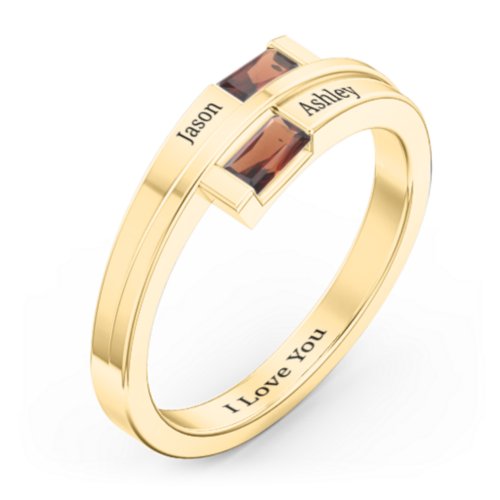 Double Baguette Bypass Ring – 10K Yellow Gold with Garnet
