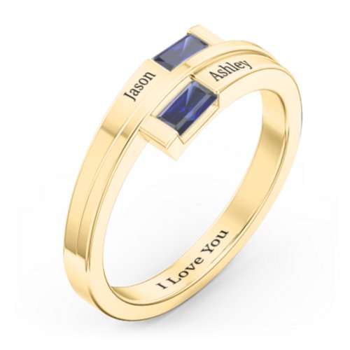 Double Baguette Bypass Ring – 10K Yellow Gold with Blue Sapphire