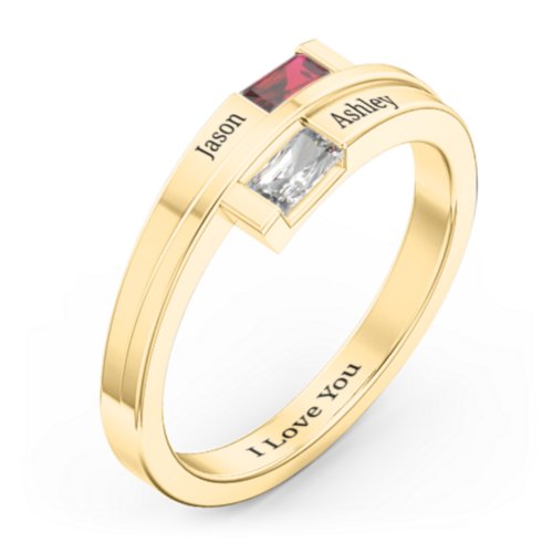 Double Baguette Bypass Ring – 10K Yellow Gold with Garnet and Cubic Zirconia