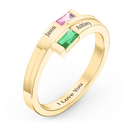 Double Baguette Bypass Ring – 10K Yellow Gold with Pink Tourmaline and Emerald