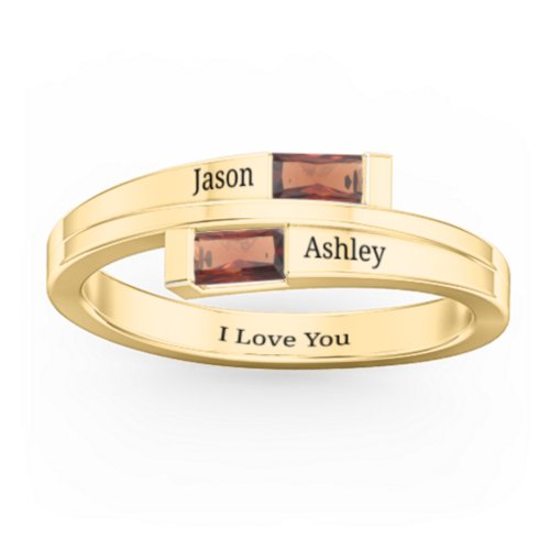 Double Baguette Bypass Ring – 10K Yellow Gold with Garnet