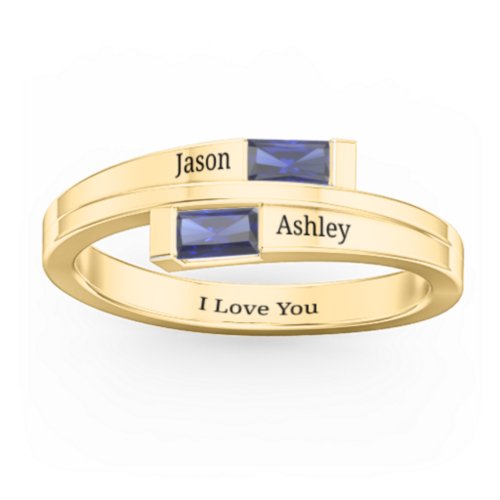 Double Baguette Bypass Ring – 10K Yellow Gold with Blue Sapphire