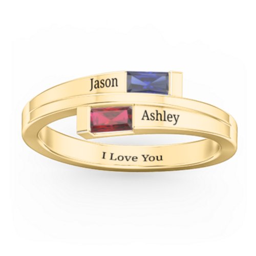 Double Baguette Bypass Ring – 10K Yellow Gold with Blue Sapphire and Garnet