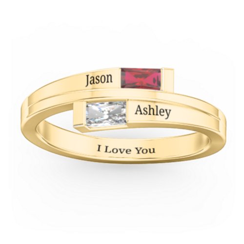 Double Baguette Bypass Ring – 10K Yellow Gold with Garnet and Cubic Zirconia