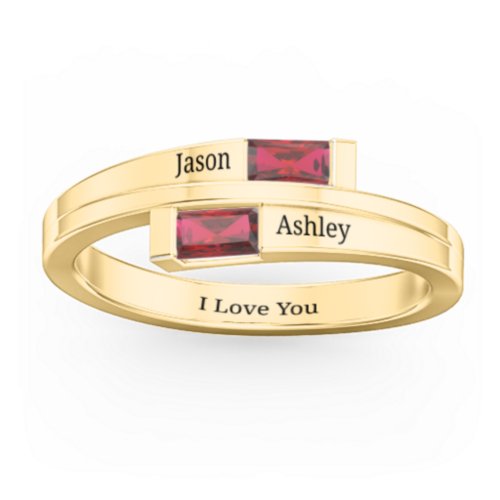 Double Baguette Bypass Ring – 10K Yellow Gold with Garnet