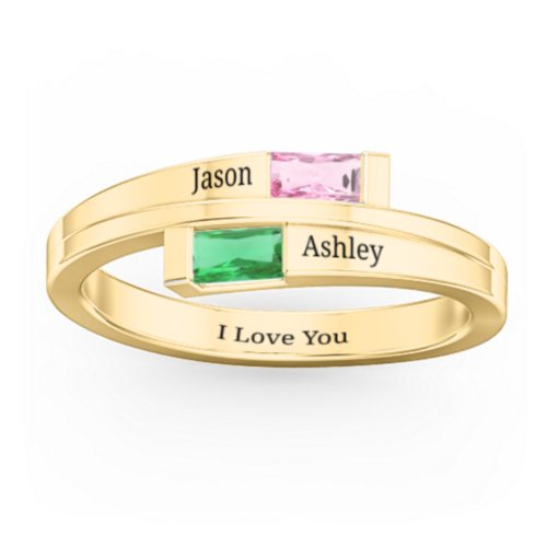 Double Baguette Bypass Ring – 10K Yellow Gold with Pink Tourmaline and Emerald