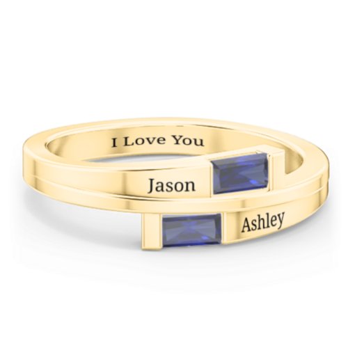 Double Baguette Bypass Ring – 10K Yellow Gold with Blue Sapphire
