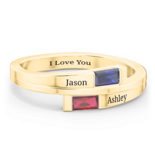 Double Baguette Bypass Ring – 10K Yellow Gold with Blue Sapphire and Garnet