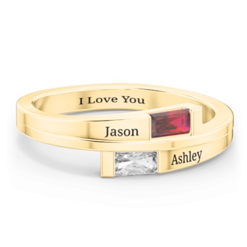 Double Baguette Bypass Ring – 10K Yellow Gold with Garnet and Cubic Zirconia