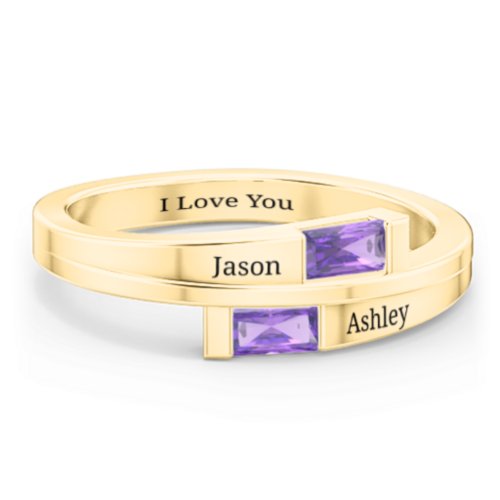 Double Baguette Bypass Ring – 10K Yellow Gold with Amethyst