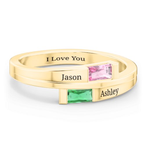Double Baguette Bypass Ring – 10K Yellow Gold with Pink Tourmaline and Emerald