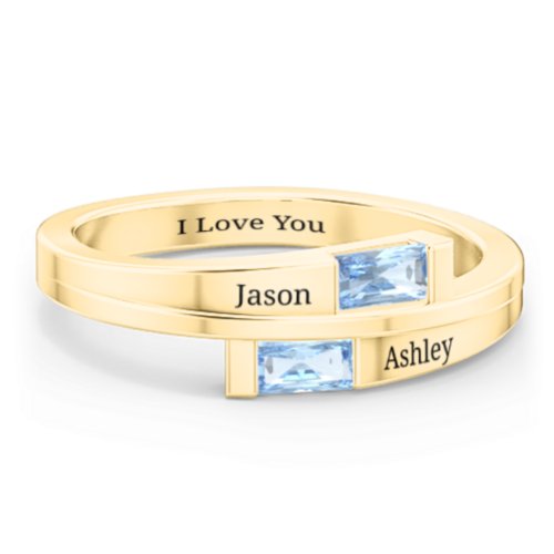 Double Baguette Bypass Ring – 10K Yellow Gold with Blue Topaz
