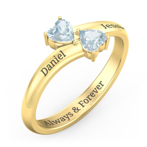 Inverted Twin Heart Ring – 18K Gold Plated Silver with Aquamarine