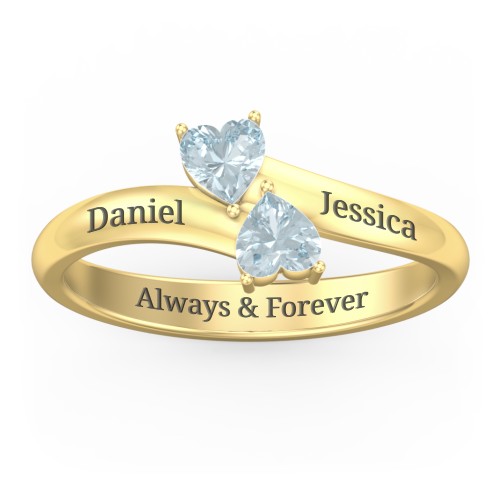 Inverted Twin Heart Ring – 18K Gold Plated Silver with Aquamarine