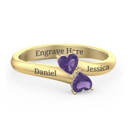 Inverted Twin Heart Ring in 18K Gold Plated Silver with Amethyst