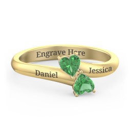 Inverted Twin Heart Ring in 18K Gold Plated Silver with Emerald