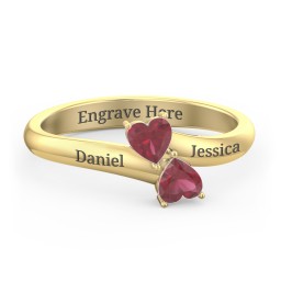 Inverted Twin Heart Ring in 18K Gold Plated Silver with Ruby