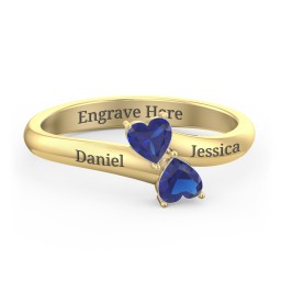 Inverted Twin Heart Ring in 18K Gold Plated Silver with Blue Sapphire
