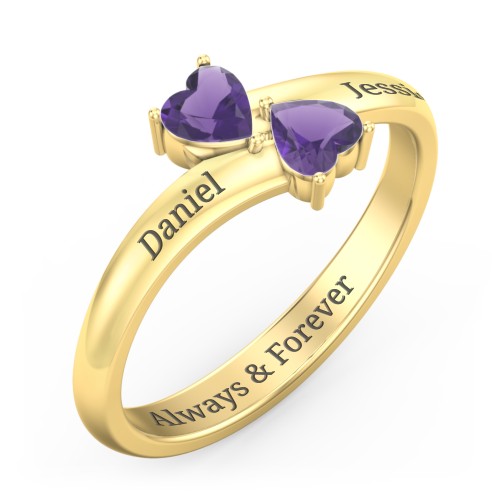 Inverted Twin Heart Ring – 18K Gold Plated Silver with Amethyst