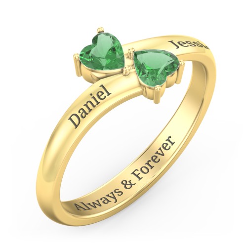 Inverted Twin Heart Ring – 18K Gold Plated Silver with Emerald