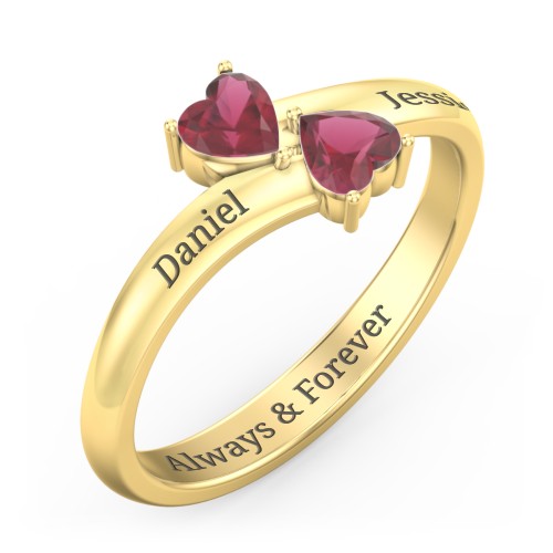 Inverted Twin Heart Ring – 18K Gold Plated Silver with Ruby