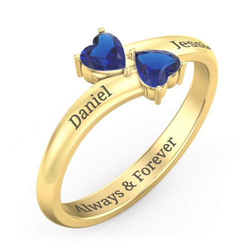 Inverted Twin Heart Ring – 18K Gold Plated Silver with Blue Sapphire