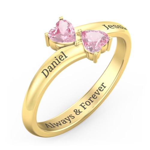 Inverted Twin Heart Ring – 18K Gold Plated Silver with Pink Tourmaline