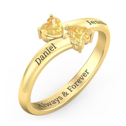 Inverted Twin Heart Ring – 18K Gold Plated Silver with Citrine