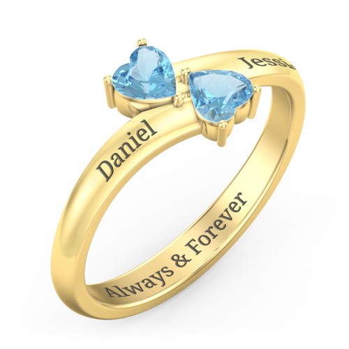 Inverted Twin Heart Ring – 18K Gold Plated Silver with Blue Topaz