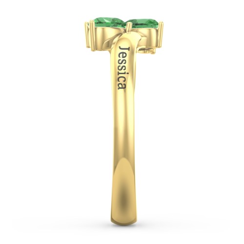 Inverted Twin Heart Ring – 18K Gold Plated Silver with Emerald