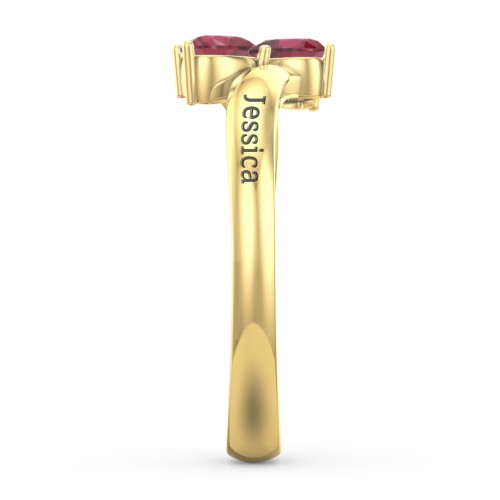 Inverted Twin Heart Ring – 18K Gold Plated Silver with Ruby