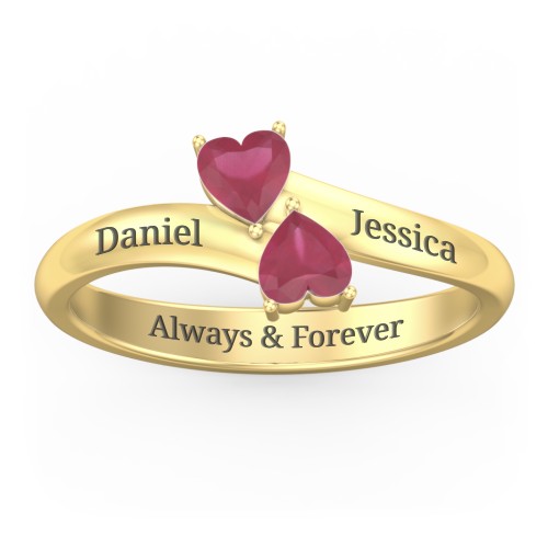 Inverted Twin Heart Ring – 18K Gold Plated Silver with Ruby