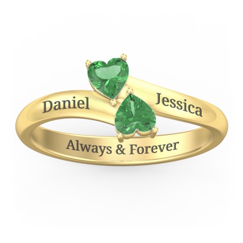 Inverted Twin Heart Ring – 18K Gold Plated Silver with Emerald