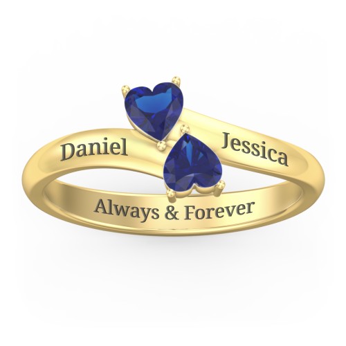 Inverted Twin Heart Ring – 18K Gold Plated Silver with Blue Sapphire